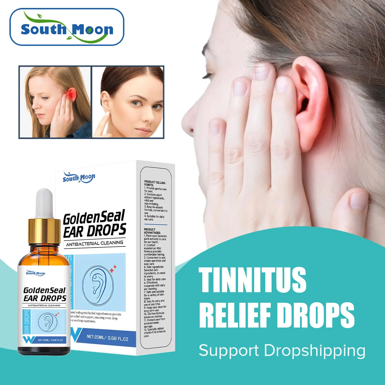 

South Moon Tinnitus Ear Drops Relief Ear Ringing Improve Earache Itching Swelling Alleviate Hearing Loss Deafness Otitis Care