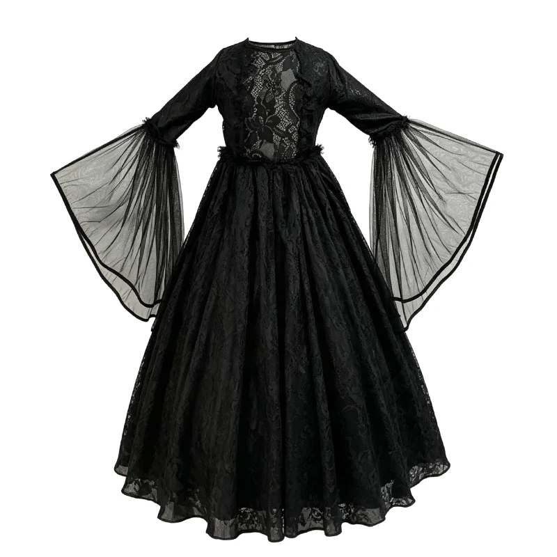 Girls Black Lace Witch Costume Set Long Flare Sleeve Dress With Wings Mask Wand For Halloween Cosplay Party