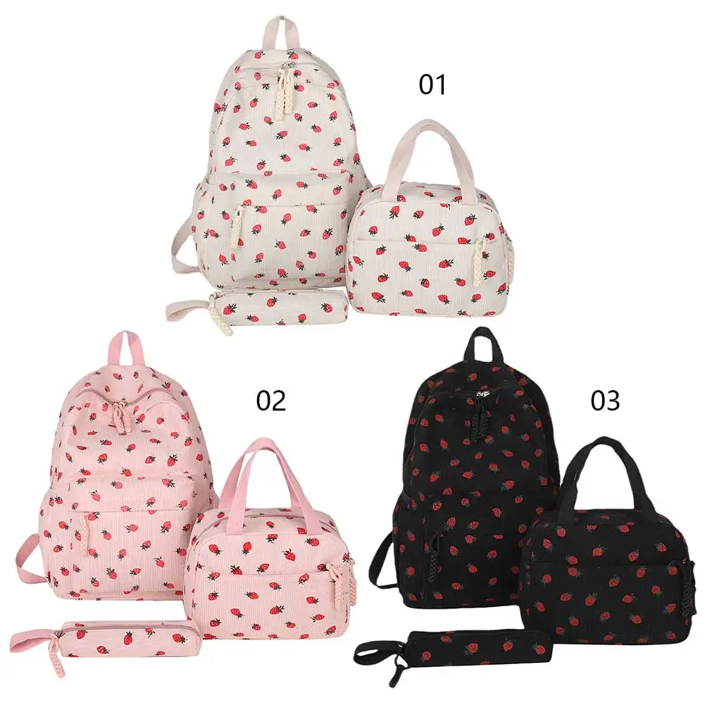 Three-Piece Corduroy Cute Backpack with Lunch Bag & Pencil Case Kawaii Backpack Large Capacity Simple Backpack Set Trip Backpack
