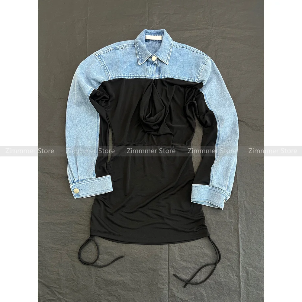 High Quality! Lapel splicing POLO collar long-sleeved denim shirt 24 new lace-up drawstring waist thin blouse women