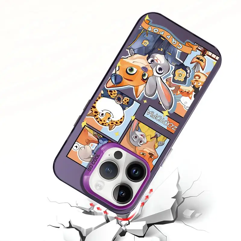 Matte Phone Case for Apple iPhone 15 14 13 12 11 pro Max 15plus 14plus Disney Zootopia Nick Judy Colorful Silver Acrylic Cover