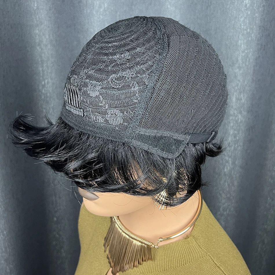 ショートレイヤードピクシーカット人毛ボブウィッグ、フルマシンメイド100%人毛ウィッグ、前髪付き、女性用、ブラックレミーストレートウィッグ