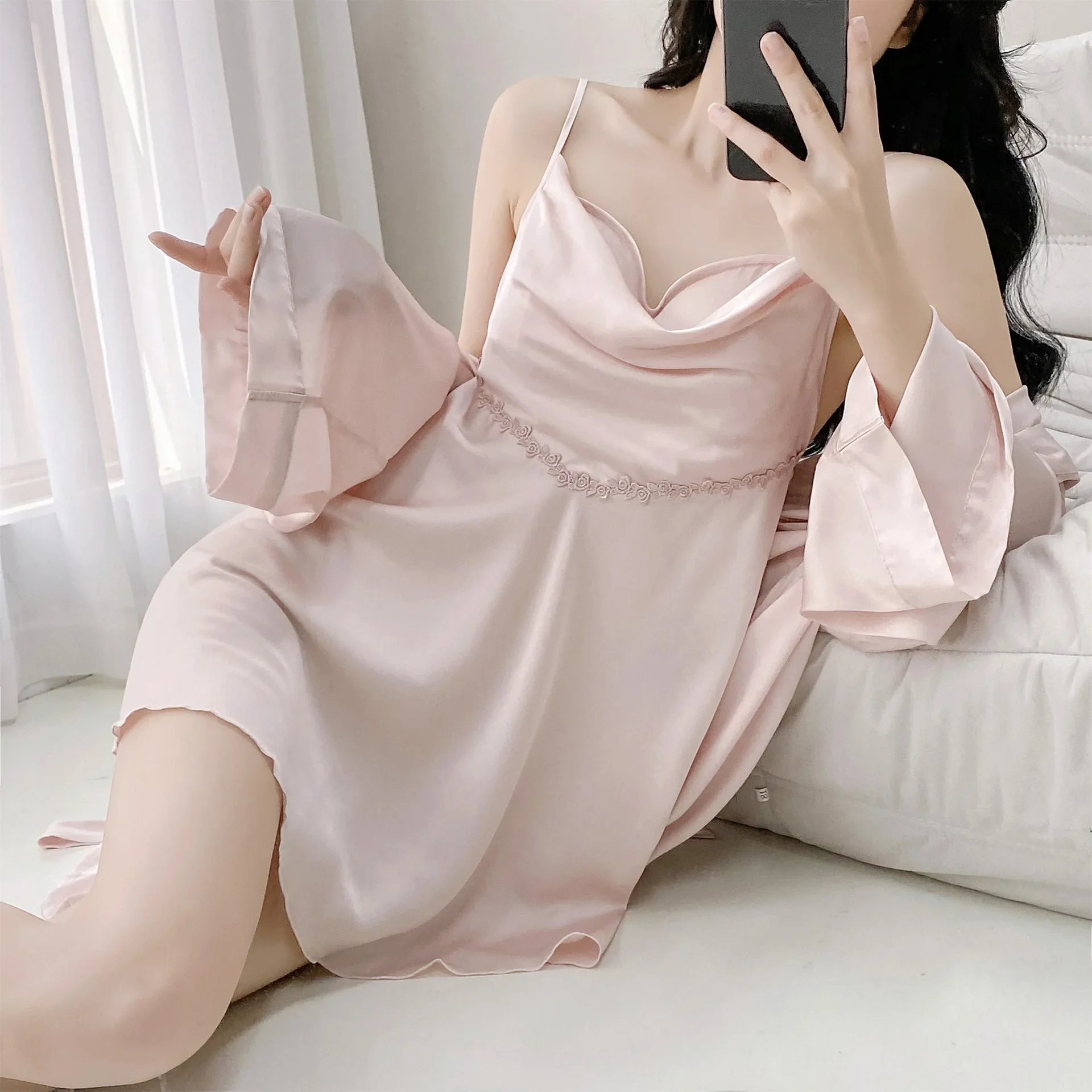 

Женский комплект халатов из 2 предметов, весна-лето, новая шелковая атласная одежда для сна, сексуальная лоскутная кружевная ночная рубашка на подтяжках, интимное белье, домашняя одежда