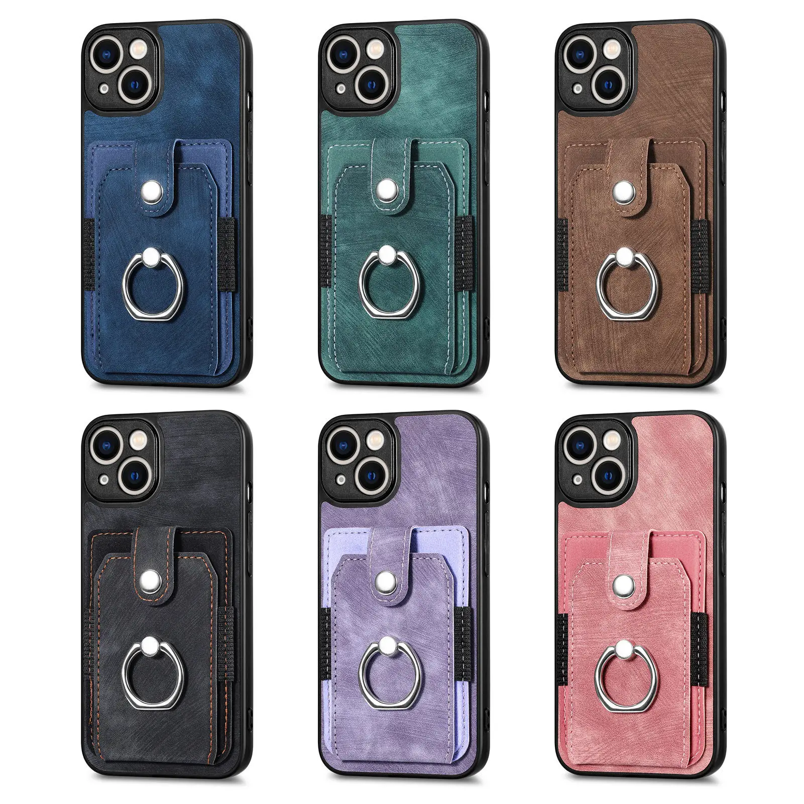 Casing Kartu Magnetik Mobil Cincin Logam Retro Warna Polos untuk Samsung S22 23 24 PLUS S25 Ultra A04 05 A14 15 16 A24 A55 56 A35 Kulit