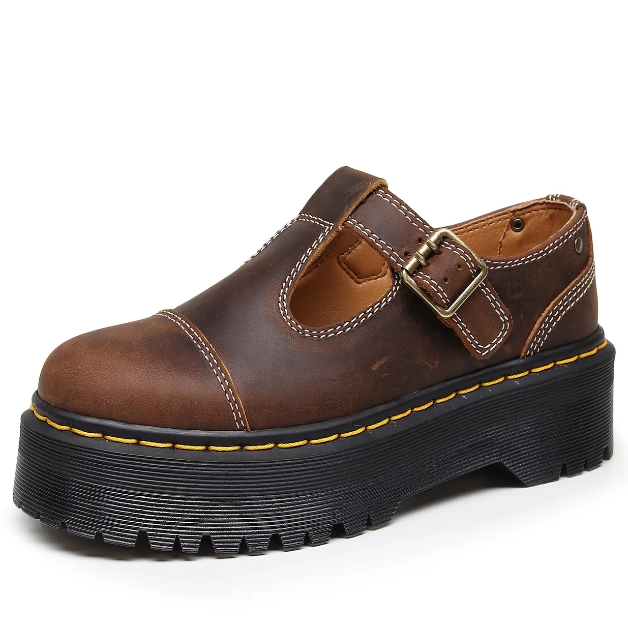 

Crazy horse cow leather women shoes Thick bottom leisure shoes Buckle strap mary jane shoes