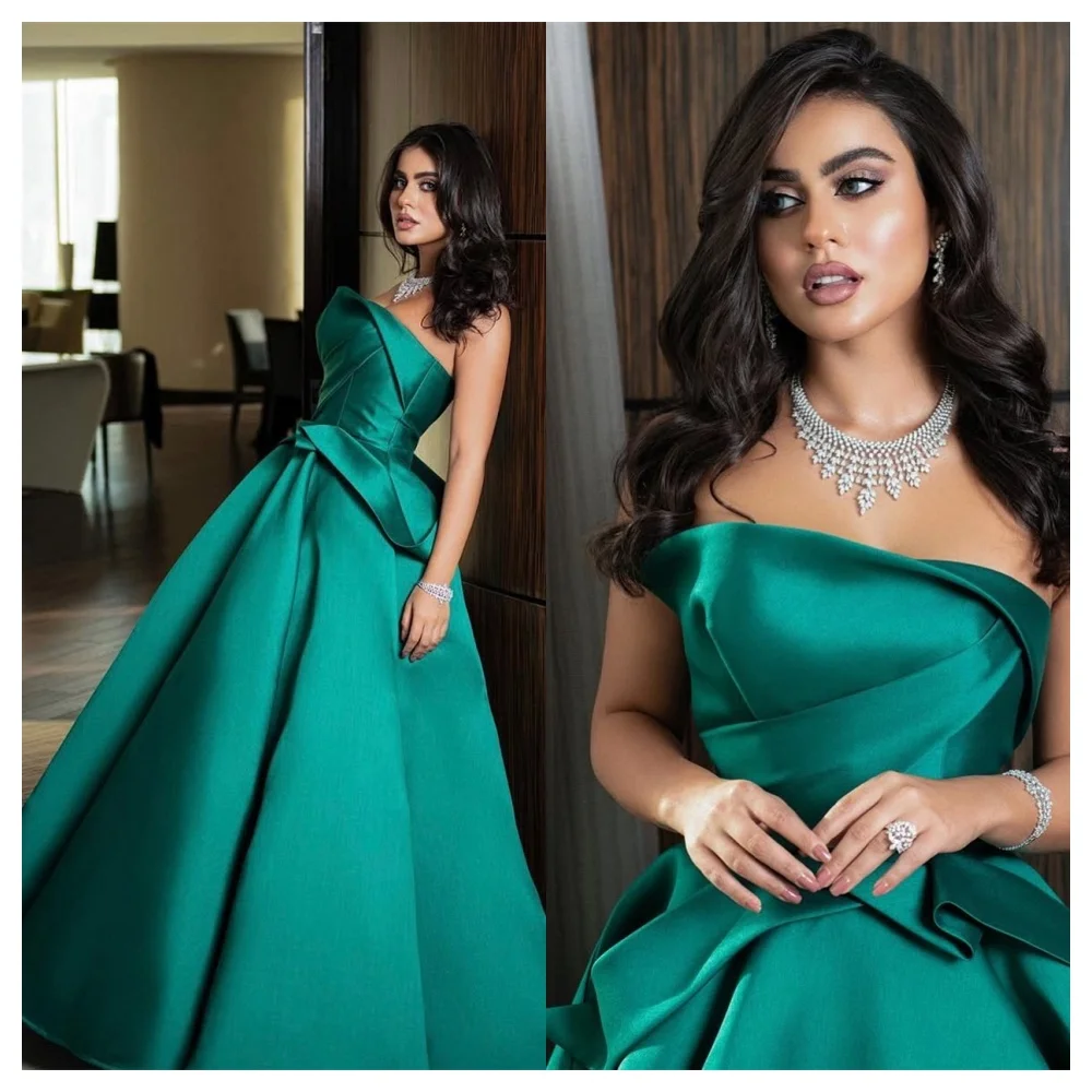 

Customized Modern Green Satin Evening Dress Formal Strapless Sleeveless Party Dress High Quality Floor Length Celebrit