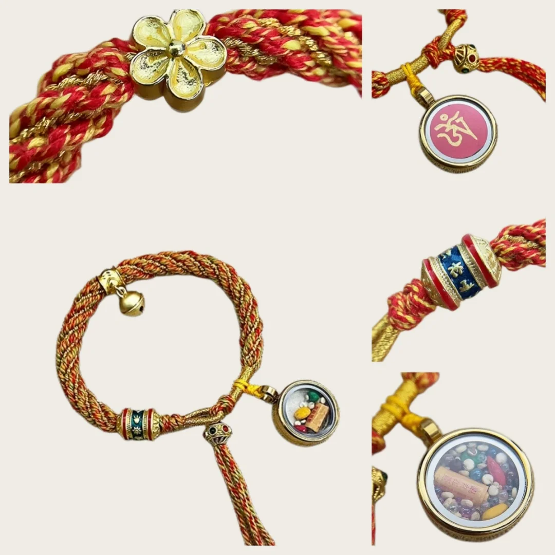 Tibetan Handmade Brass Prayer Wheel Om Mani Padme Hum Bracelet Red Gold Braided Rope Lucky Talisman
