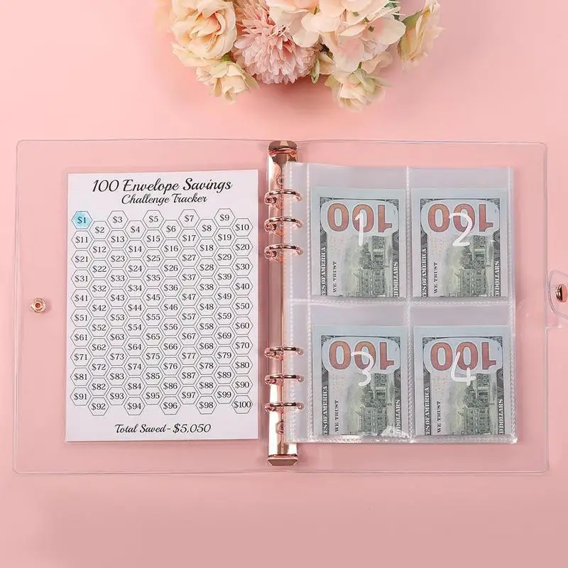 지퍼 스티커 펜이 있는 2024 회계 장부, 100 일 경비 절약 컴팩트, 현금 정리함, 예산바인더 챌린지 북