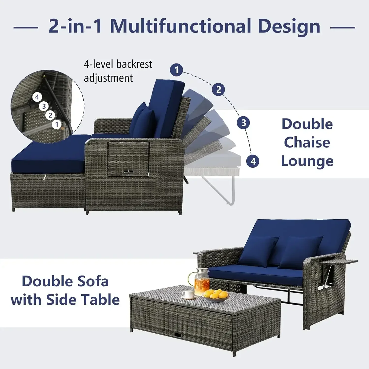 Patio Rattan Daybed Set, Wicker Loveseat Sofa w/Multipurpose Ottoman & Retractable Side Tray,Seat & Back Cushion Included