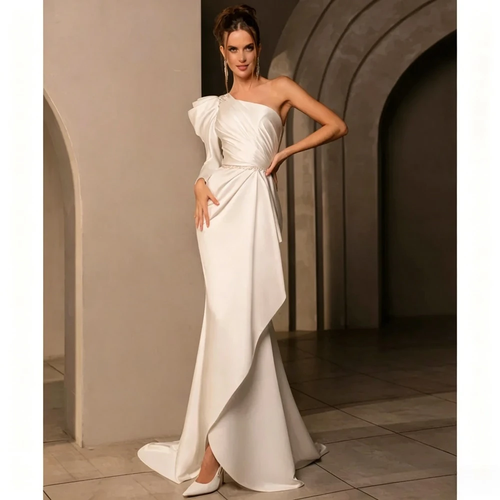 Customized Fashion One Shoulder Satin Mermaid Wedding Dresses 2026 Modern Bubble Sleeve Folded Irregular Bridal Gown Zipper Back
