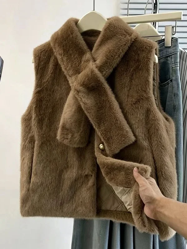 Authentic Fall Winter Loose Style  Fur Vest Scarf Shoulder Pad Jacket Women'swear Outerwear Regular Length Fashion