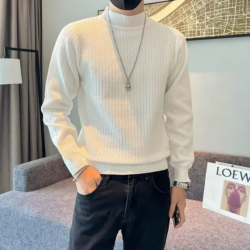 

Half High Collar Basic Knitted T-shirts Autumn Winter New Solid Color Men's Clothing Casual Stylish Long Sleeve Korean Pullovers