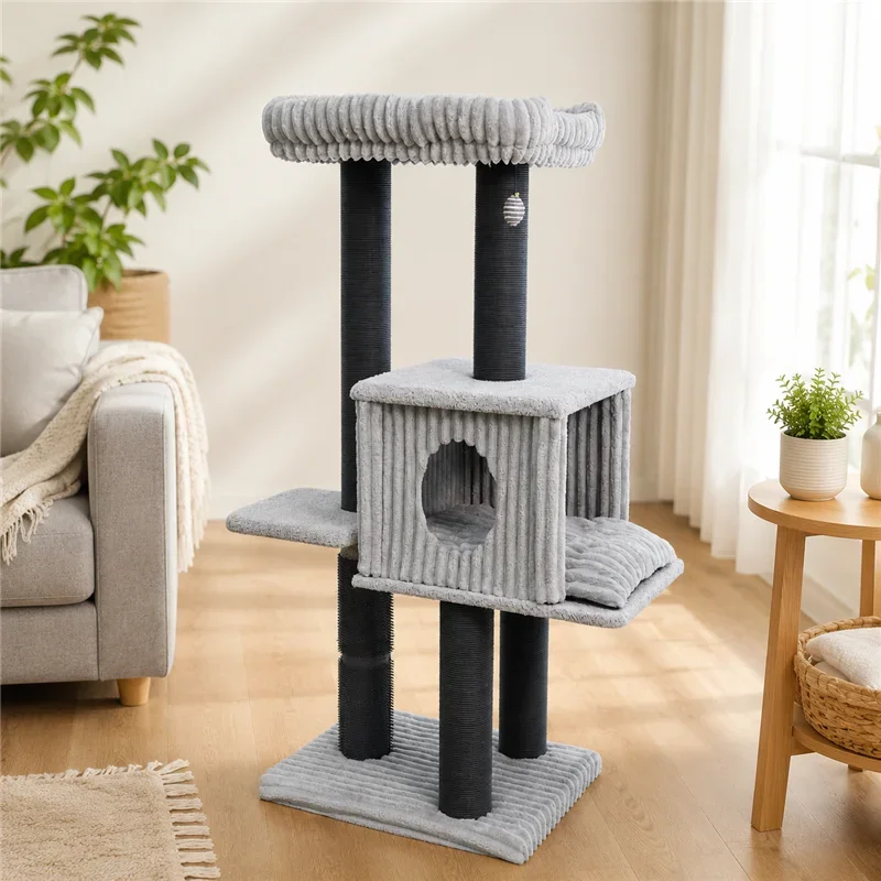 a forBSCI Factory Grey Corduroy Comfortable Padded Tower With Enclosed Condo For Bedroom Quiet Cat Tree
