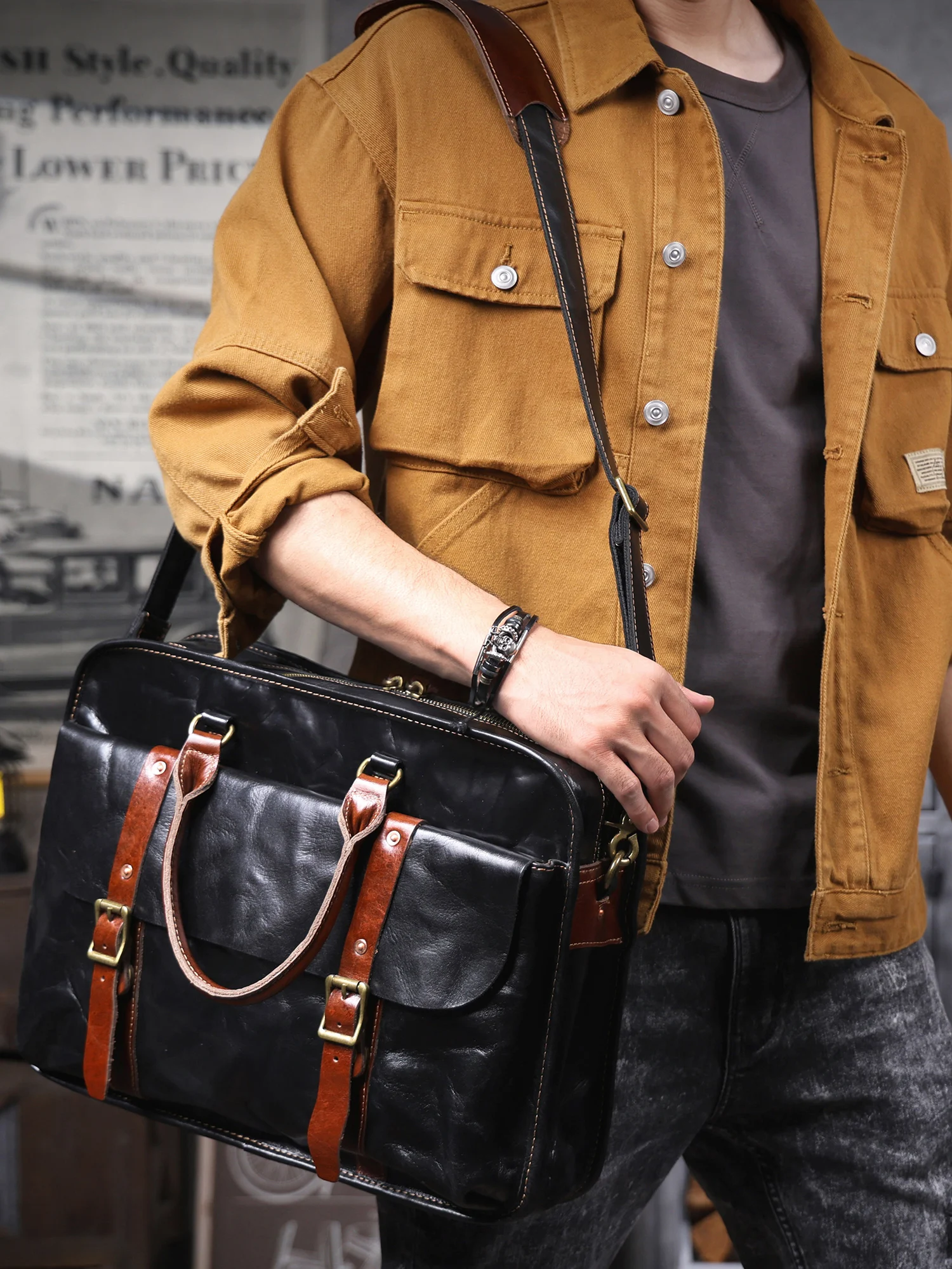 Echtleder Herren-Aktentasche 15 Zoll Laptop-Tasche Einfache Rindsleder-Umhängetasche Pflanzlich gegerbtes Leder Business-Casual-Stil – Detail 2