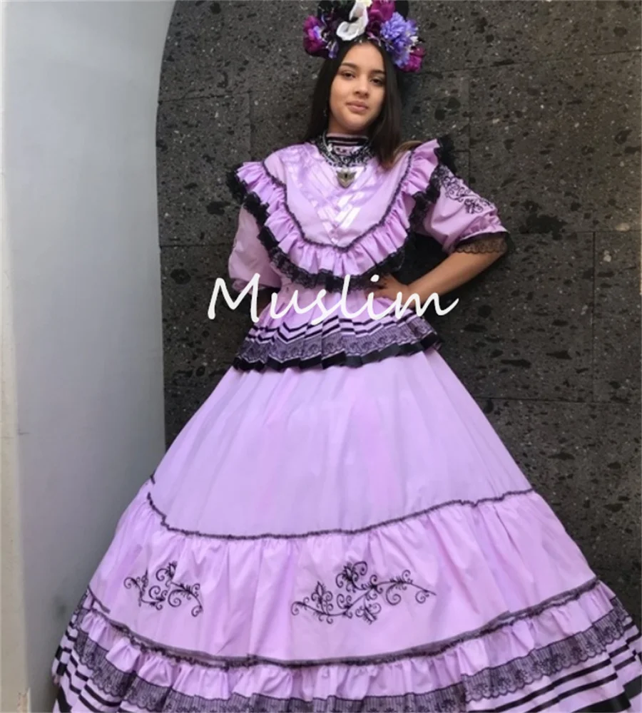 Traditional Light Purple Mexican Prom Dress With Sleeves Ruffles Costume Masquerade Jalisco Evening Dress Embroidery Customized