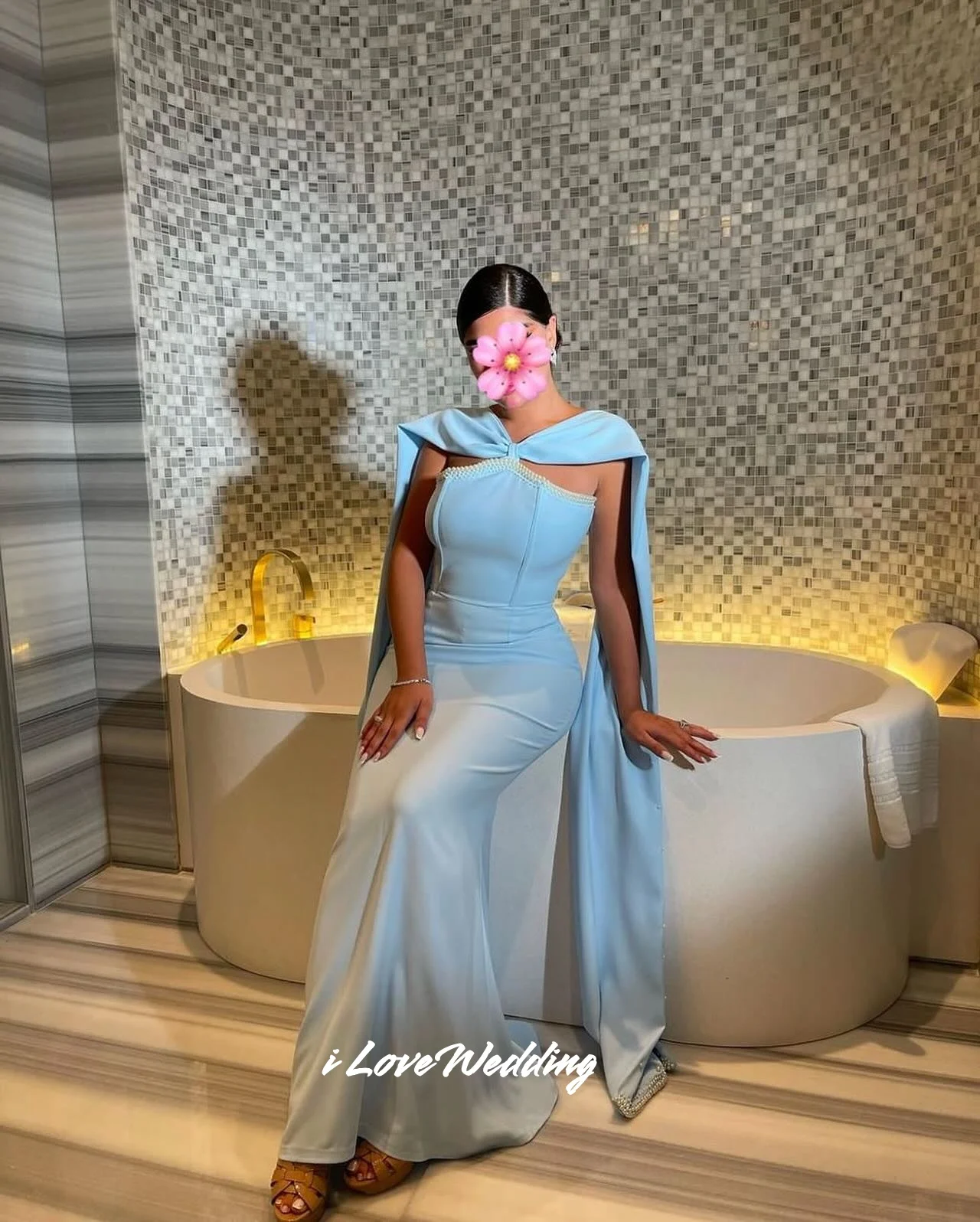 

Blue Pearl Strapless Prom Dresses Shawl Sleeveless Mermaid Saudi Arabia Floor-Length فساتين سهرات Pleated Customized