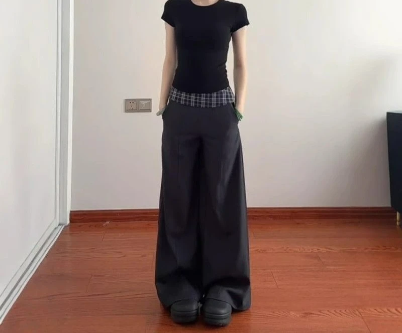Plaid Splicing Suit Pants Women's 2026 Spring and Autumn New Straight-leg Pants Mid-waist Thin Casual Wide-leg Pants