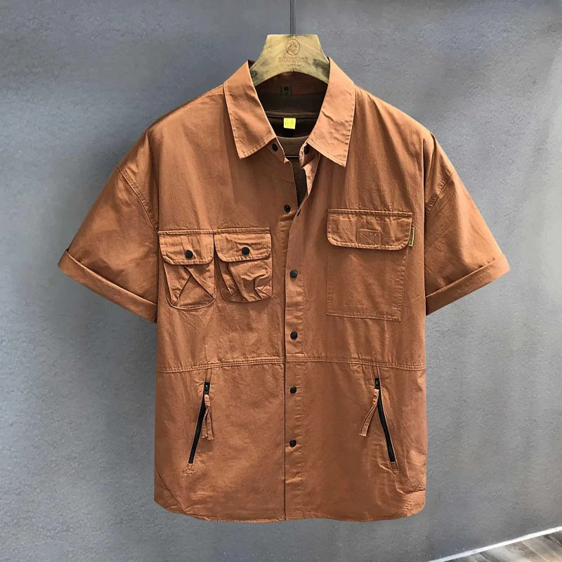 Outdoor Fishing Multi-pocket Design Retro Workwear Short-sleeved Shirt Men Loose Shirt Jacket Men