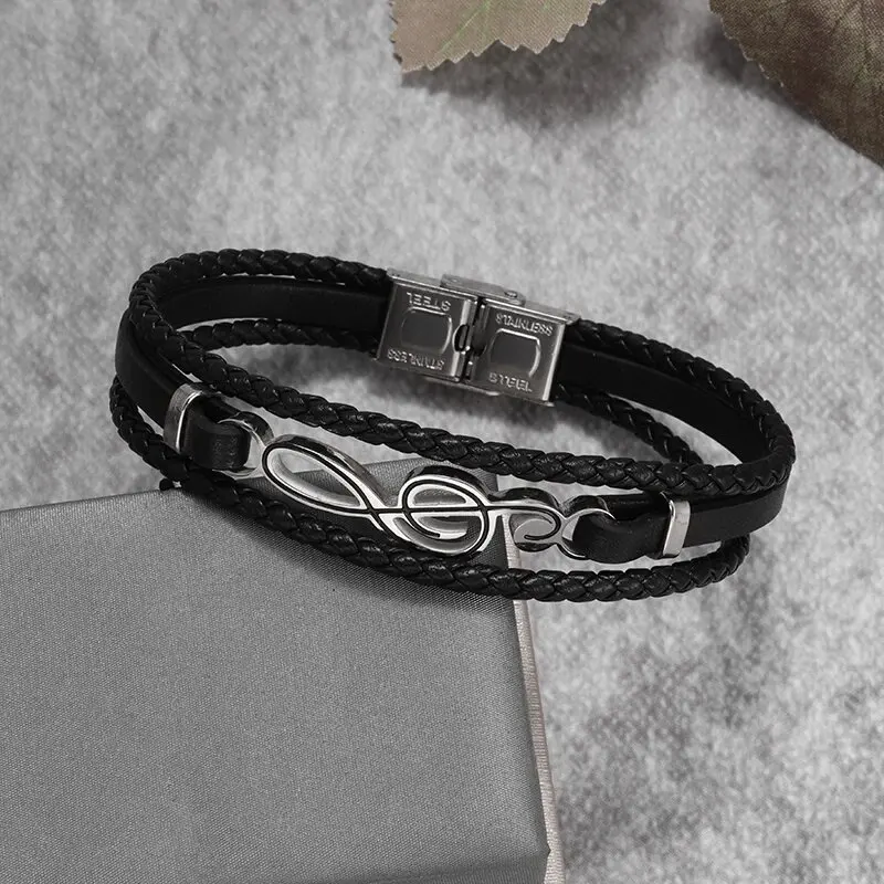 Classic multi-layered leather metal braided guitar treble clef notes leather bracelet men's trendy rock and roll hip-hop jewelry