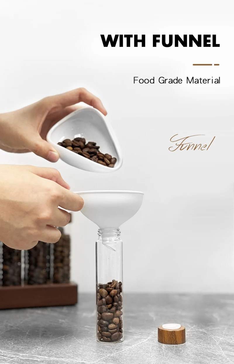 Kaffeebohnen Vorrats behälter Rohr Flasche Glas mit atmungsaktivem Deckel Walnuss Display Rack Barista Zubehör Kaffee geschirr Sets Geschenk – Detail 7