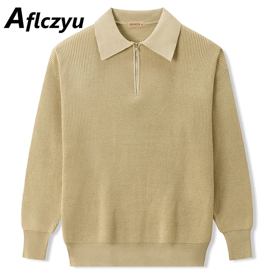 Spring Autumn Knitted Sweater Men Solid Color Sweater Male Jumper Pullover Zipper Turndown Collar Harajuku Sweater