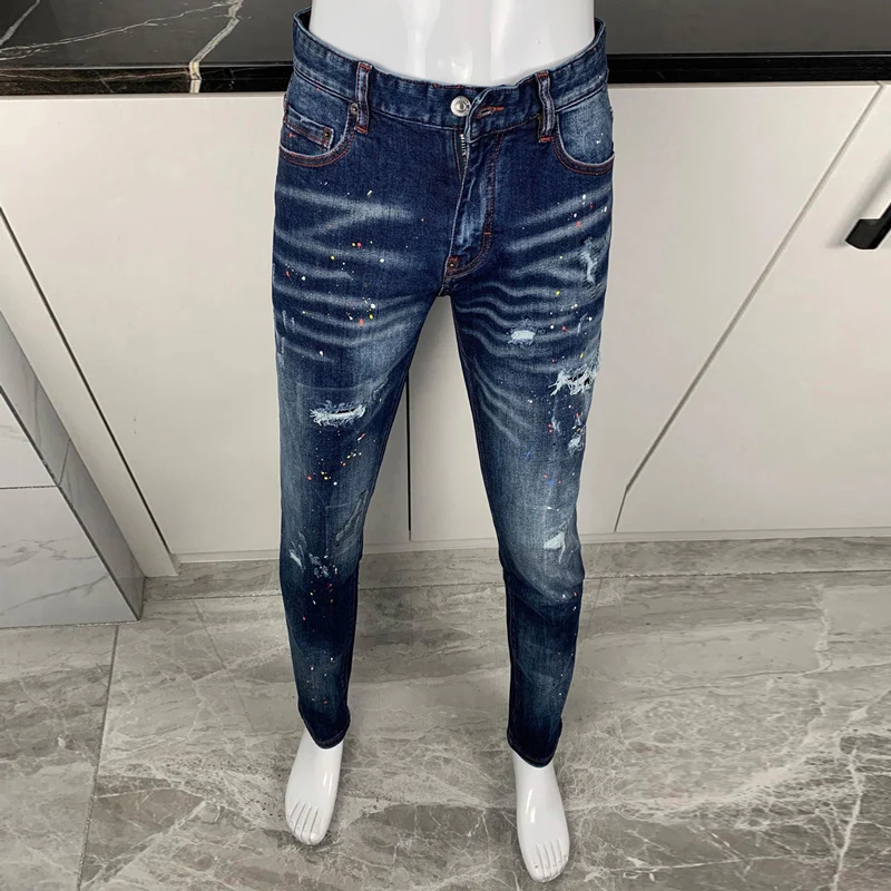 

Designer Street Fashion Men's Jeans Painted High Quality Stretch Slimming Ripple Retro Blue Jeans Retro Brand Pants Hombre