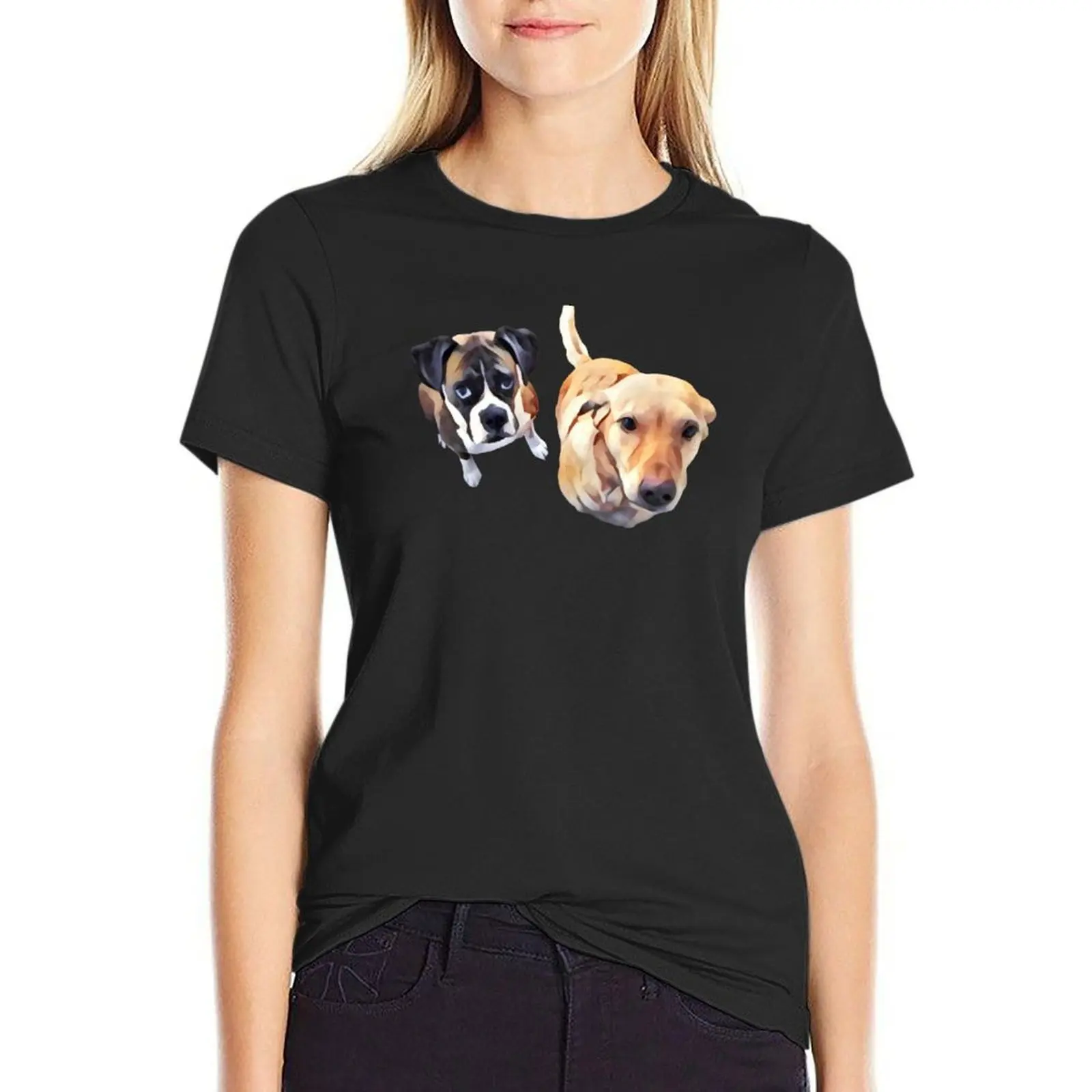 Begging Dogs, Boxer and Yellow Lab Watercolor Portrait T-Shirt summer clothes blacks Women's clothing