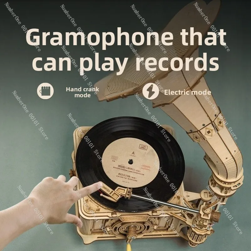 Vintage Record Player, Wooden Assembly Model, Creative Handmade Decorative Item, High-difficulty DIY Craft,Retro Home Audio
