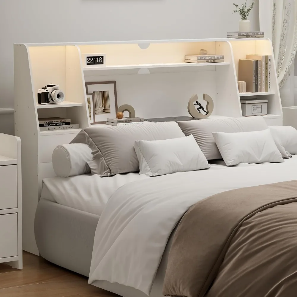 Queen/Full Headboard Queen Size with Storage, Wood Bookcase Headboard with Charging Station & 2 LED Lights, Modern Headboard Onl
