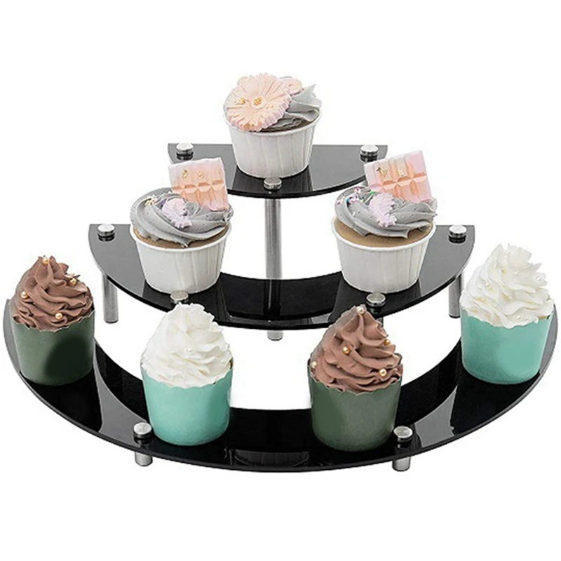 3 Tier Black Organizer Acrylic Risers Display Stand Cupcake Stand Display Holder Half Moon Dessert Stand Shelf (1 Pcs)