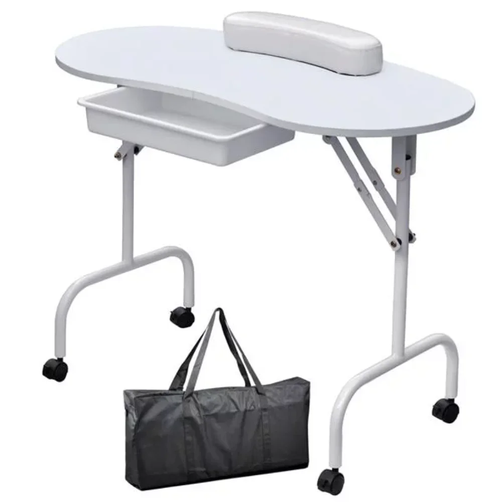 Folding Manicure Table Nail Beautician Desk with Lockable Wheels & Bag