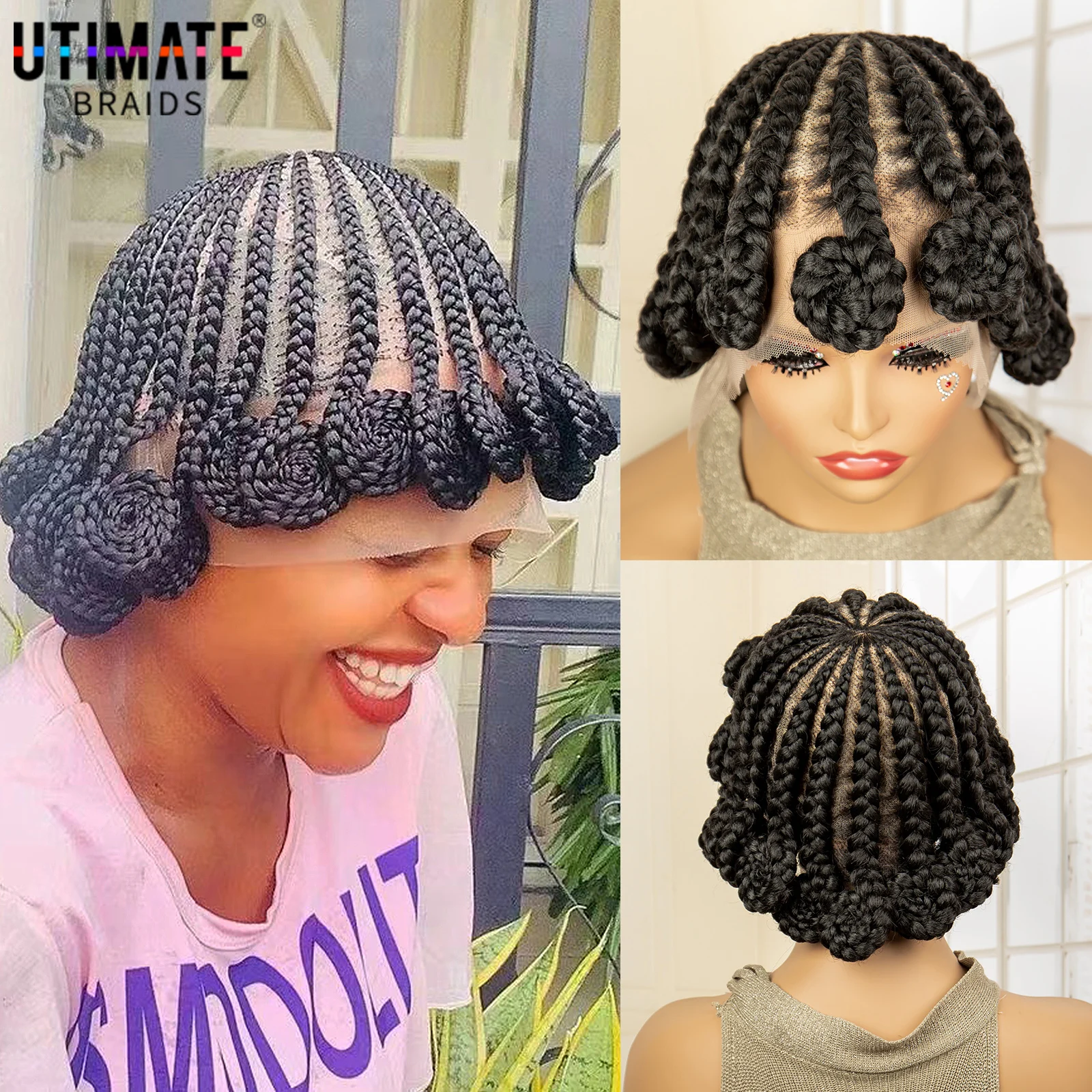 Perucas trançadas para mulheres negras, perucas sintéticas afro-bantu trançadas, cabelo de bebê, renda cheia, peruca trançada sem nós, 8 pol