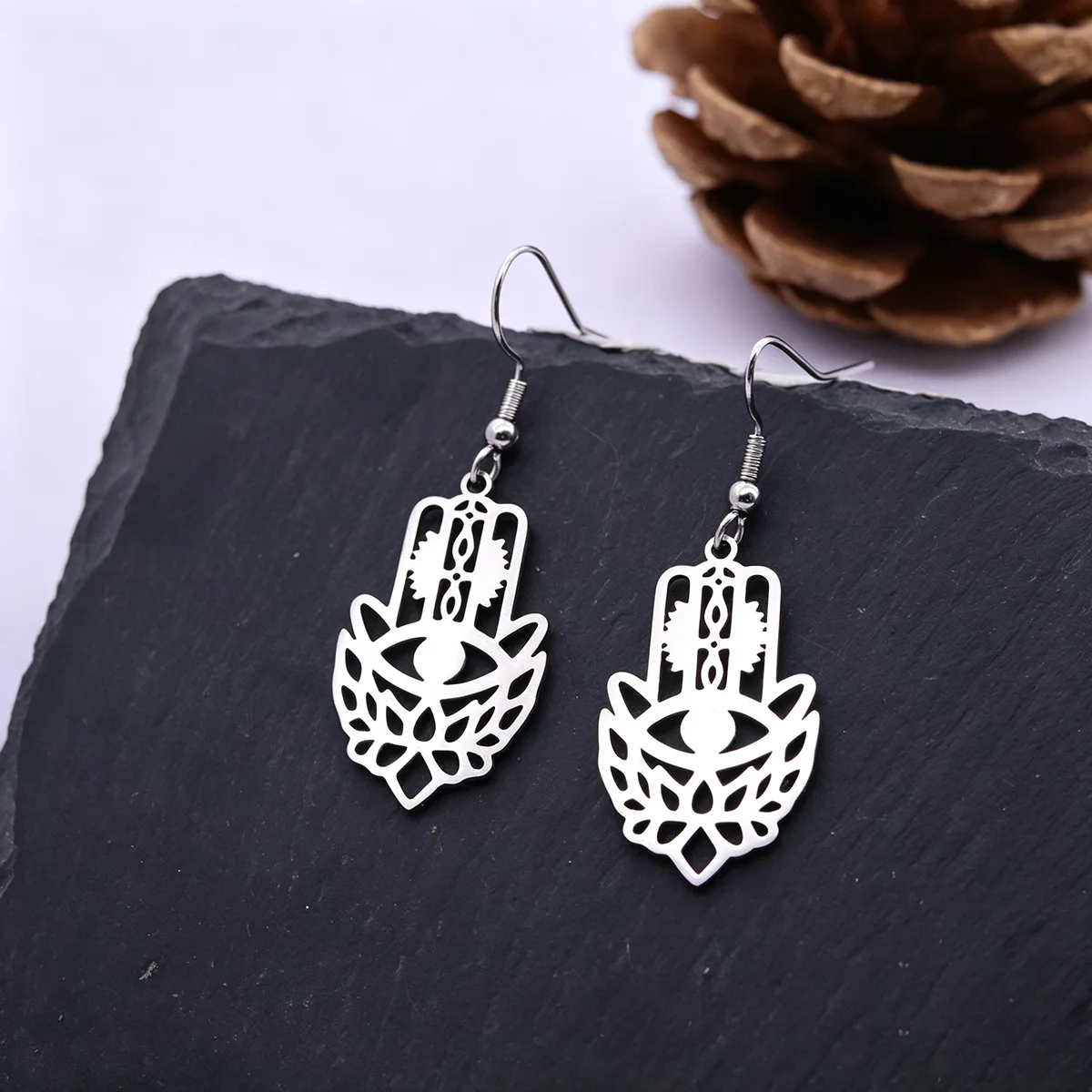 Kinitial Hamsa Hand Hook Drop Earring Hand of Fatima Lotus Flower Religious Symbols Dangle Earrings Stainless Steel Jewelry