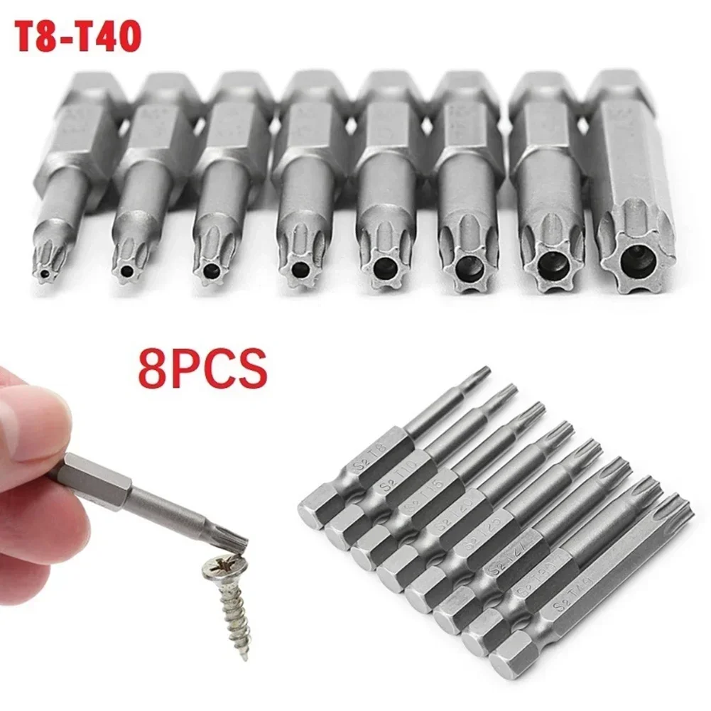 

8pcs Alloy Steel 50mm Torx Screwdriver Bits 1/4 Hexagon Handle Magnetic Torx Screwdriver Bit T8-T40 For Electric Screwdriver