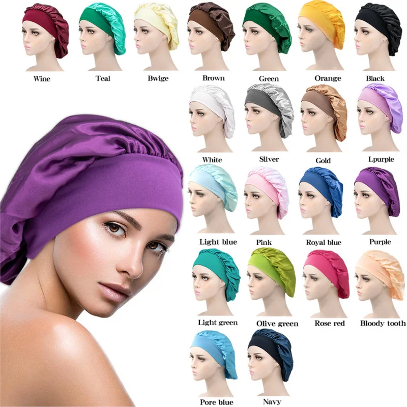 New Wide-Brimmed Solid Color Nightcap Women's Fashion Stretch Shower Cap Satin Pile Cap Wash Cap Factory Direct Sales