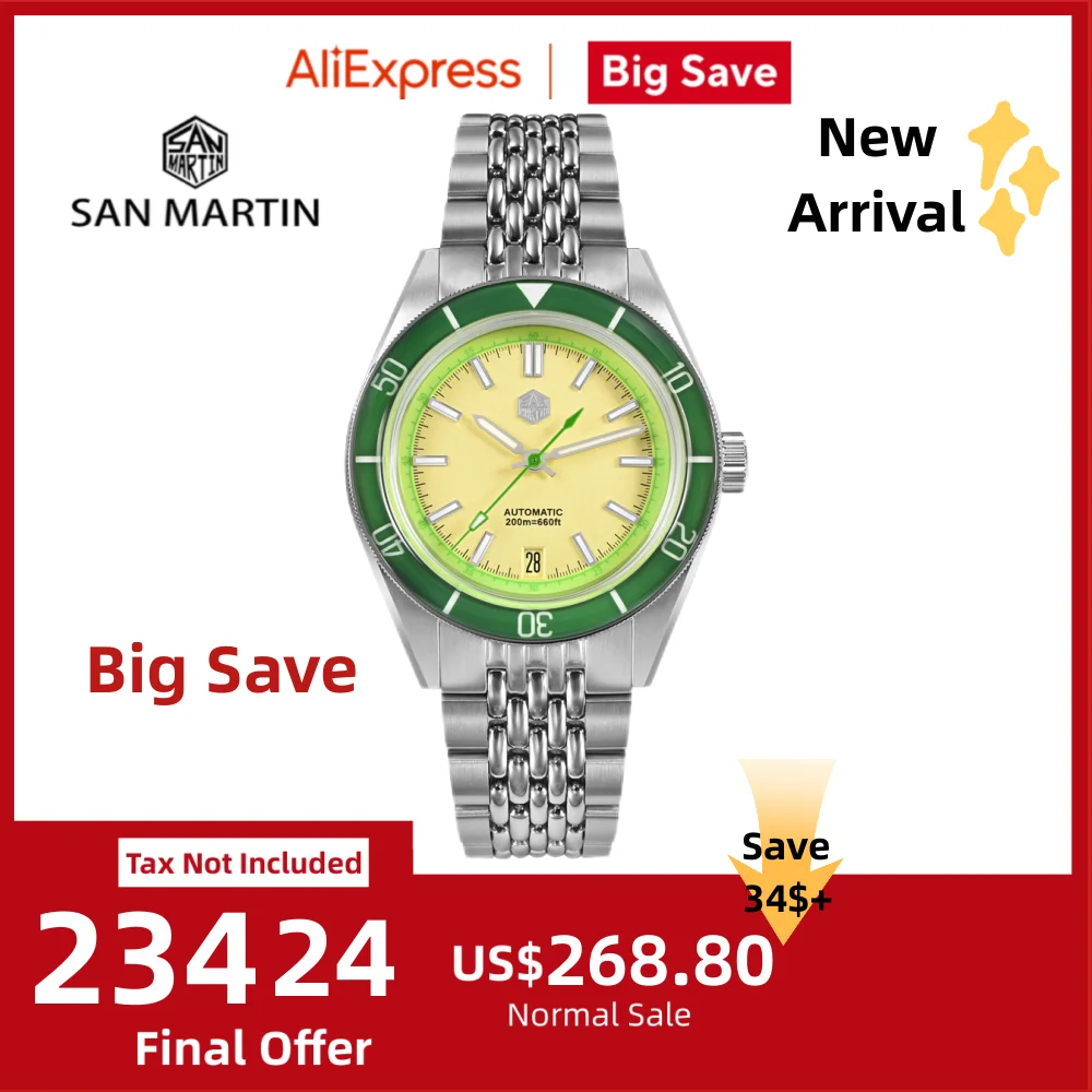 

San Martin 39.5mm NH35 Fruit Series Aluminum Bezel Mens Dive Watch Mechanical Wristwatch C3 Luminous 6H Date Sapphire SN0116B