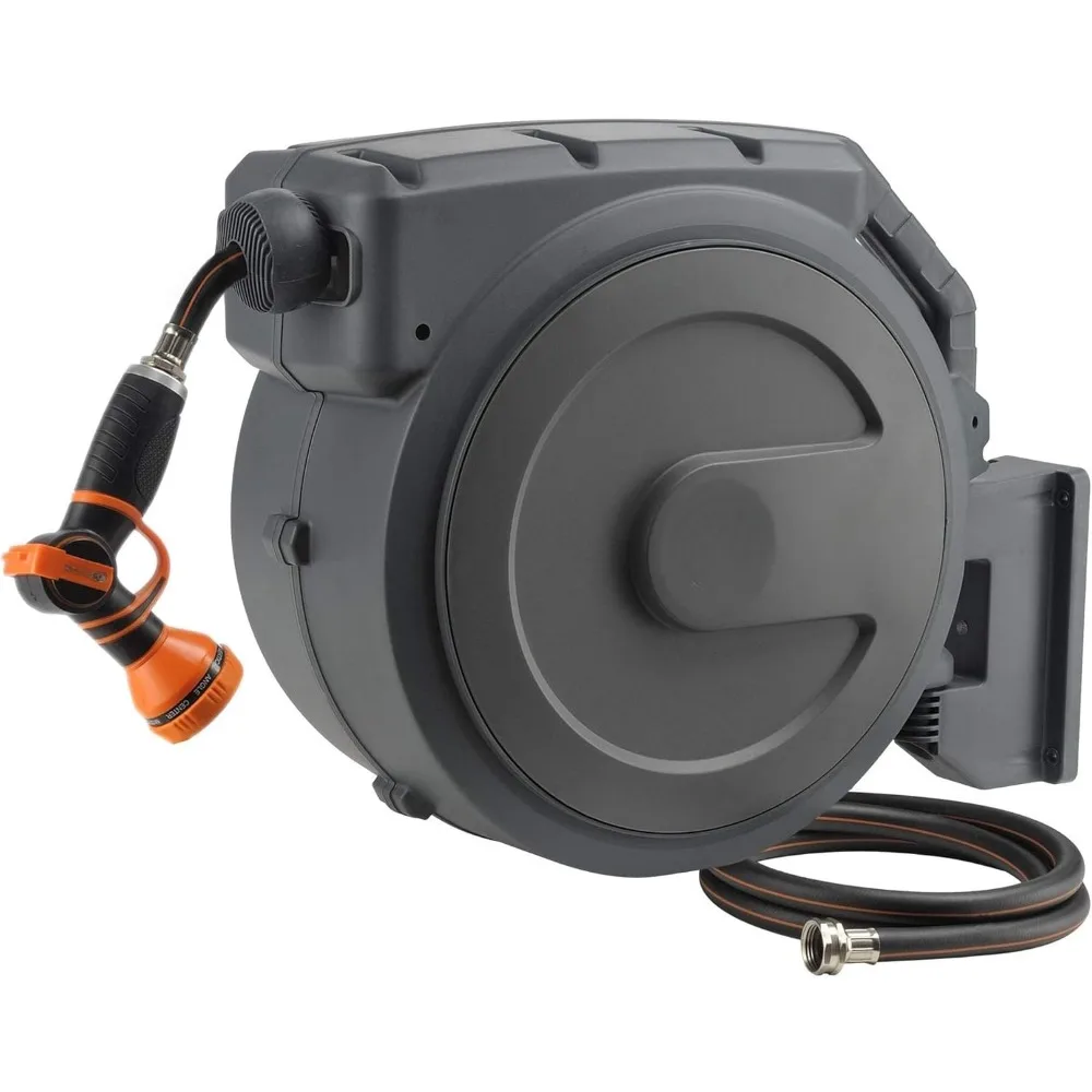 Retractable Garden Hose Reel 1/2 Inch x 130 ft, Any Length Lock, Slow Return System, Wall Mounted and 180 Deg Swivel Bracket