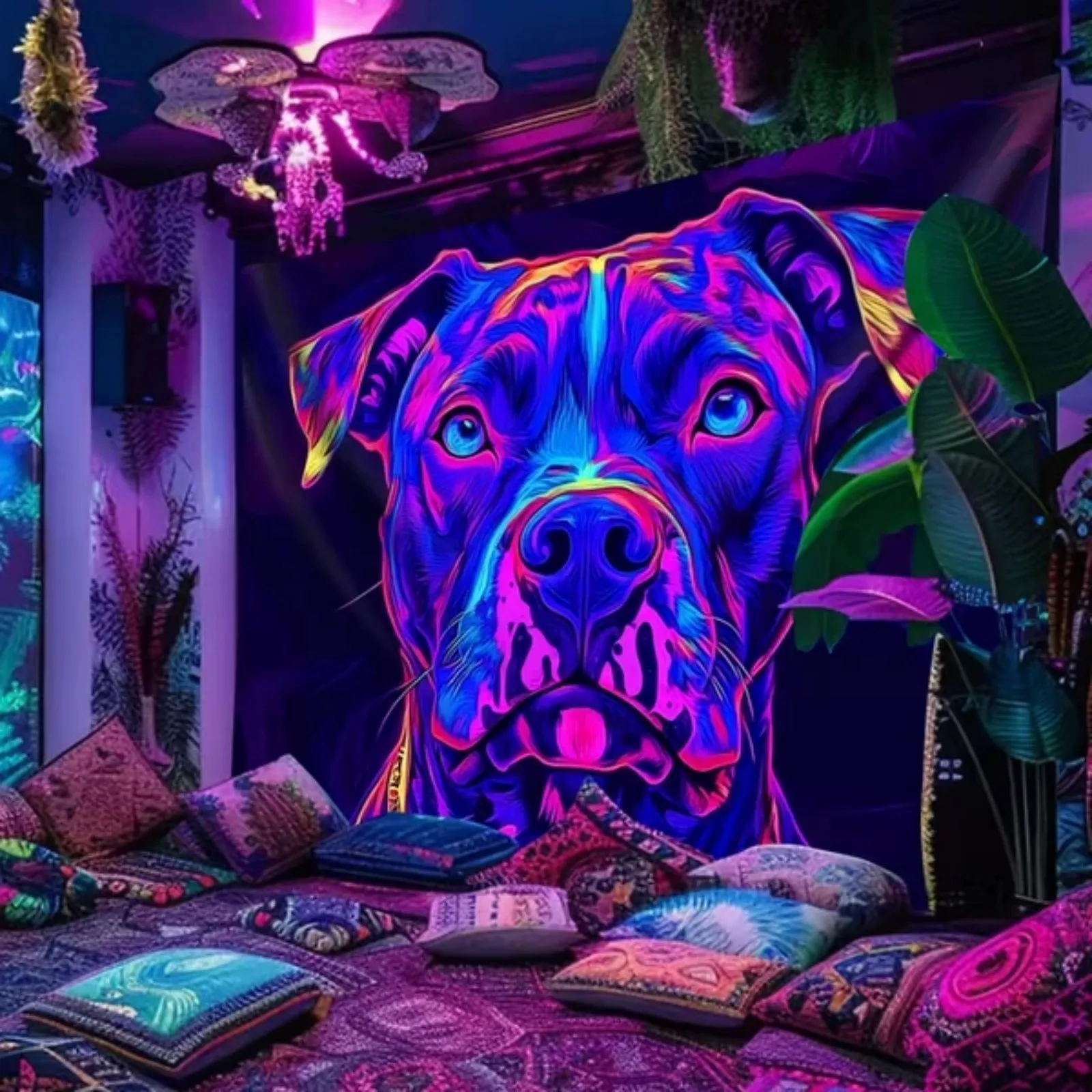 1pc Large Cyberpunk Dog Tapestry, UV Reactive Peach Skin Velvet Wall Hanging, Animal Print Decor for Bedroom, Living Room, Indoor Use, Polyester, 90gsm, No Electricity Needed