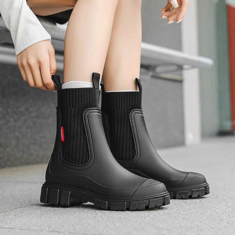 Women Knit Spliced Rain Boots Chunky Platform Non Slip Ankle Boots Waterproof Slip On Wellies Outdoor Fashion Plus Size Shoes