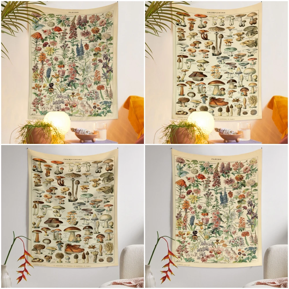 Wildflower Botanical Mushrooms Tapestry Boho Art Illustrated Wall Decor Farmhose Vintage