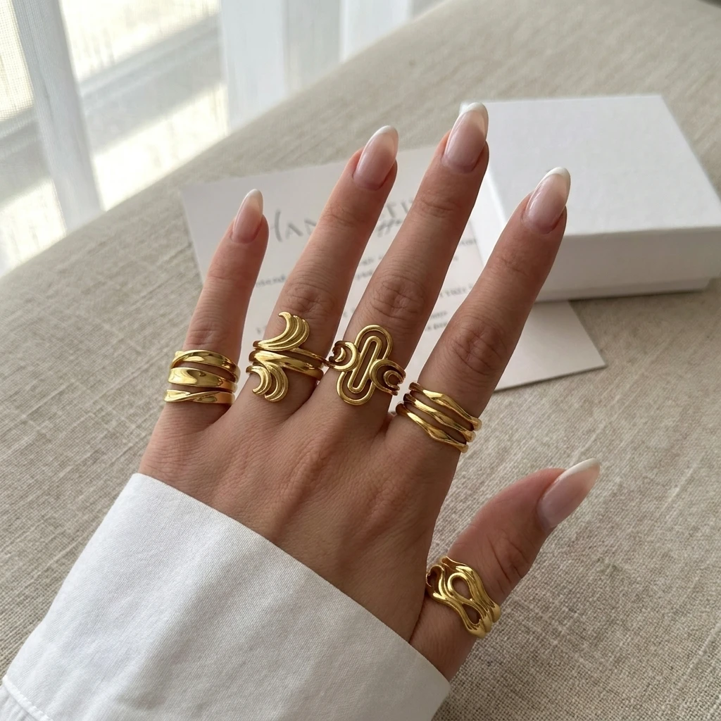 Vintage 316L Stainless Steel Gold Multi-Layer Wave Ring Set for Women French Retro Fluid Metal Design Waterproof Jewelry Gift