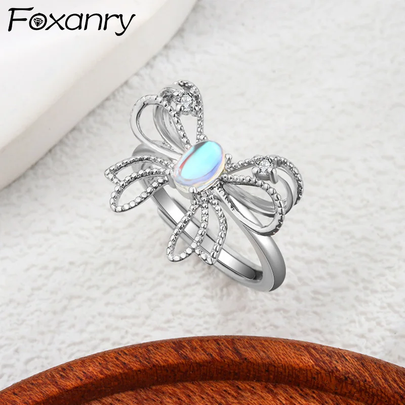 Foxanry Moonstone Bowknot Geometric Rings For Women Girls Trendy Sweet Elegant Creative Gentle Engagement Jewelry Accessories