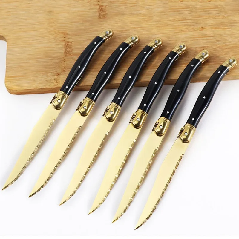 9inch Laguiole Steak Knives Set Titanium Gold Plating Sharp Knives Food Grade Dinnerware Sets Black Golden Dinner Knife 4-12Pcs