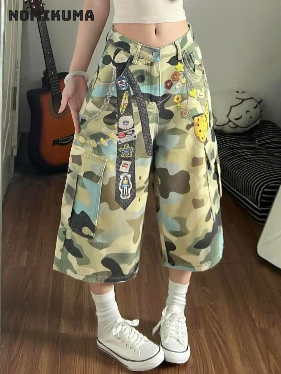 American camouflage tie printed tooling jeans women's summer high street loose and thin cropped shorts