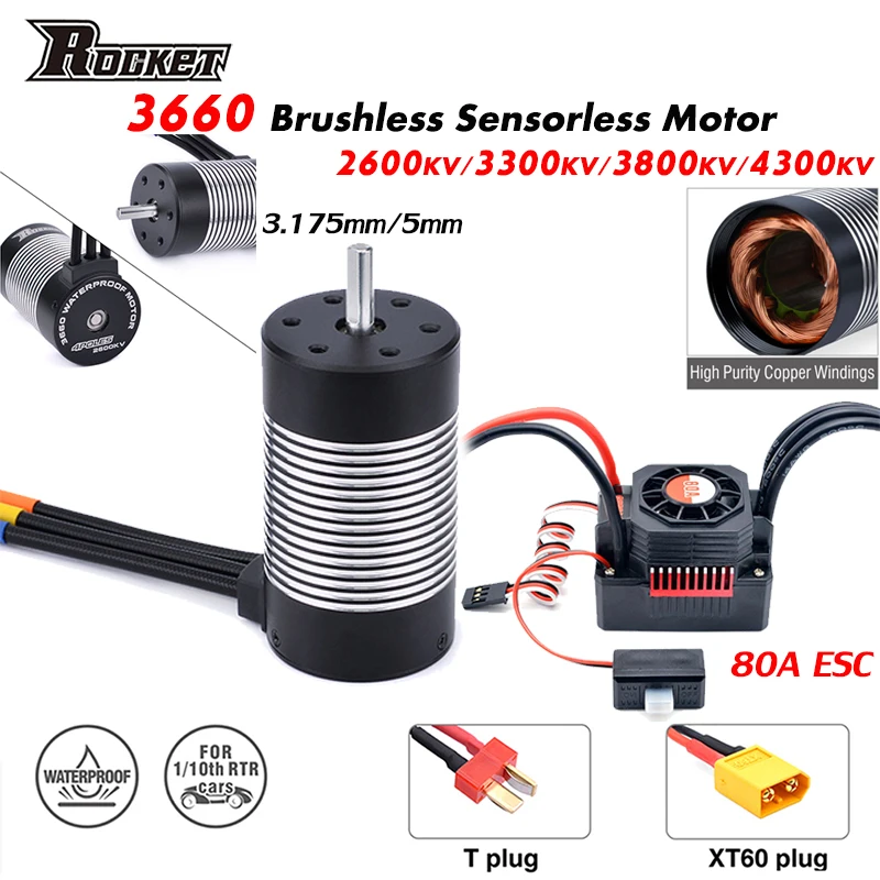 

Rocket Waterproof Brushless Sensorless 3660 Motor 3.175/5mm with 80A ESC T/XT60 Plug Combo for 1/10 RC Car Model WLtoy 12428 WPL