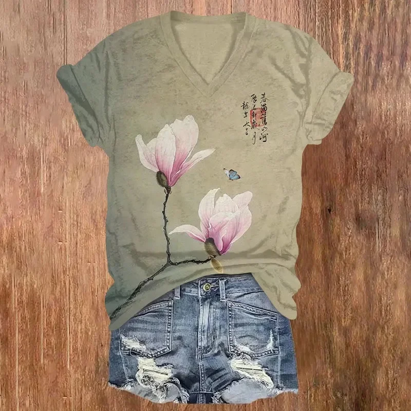 Japanese Classical Elegant Magnolia Butterfly Pattern Print Short Sleeved V-neck T-shirt Summer Women's T Shirts