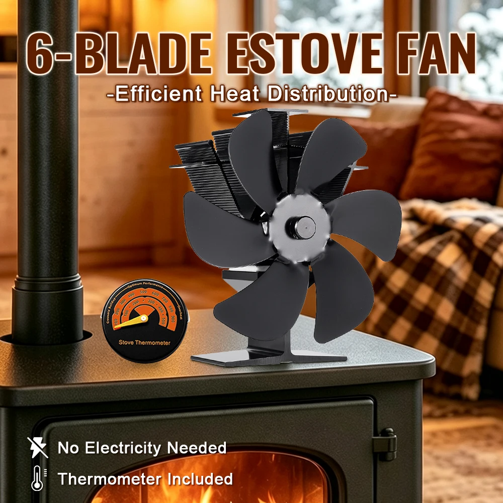 Heat Powered Wood Stove Fan 6 Blades 160-210CFM Quiet Fireplace Fan With Thermometer Heat Shield Optional For Log Burner