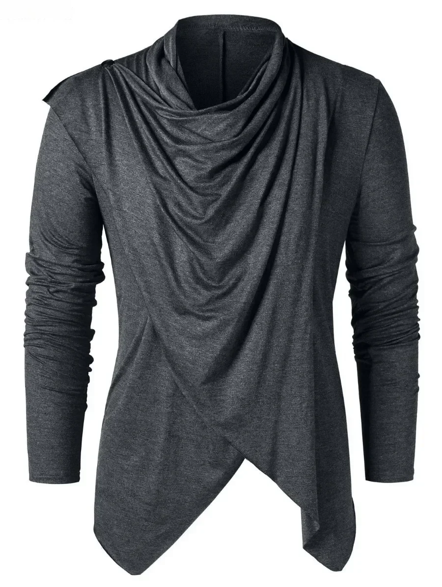 New  Spring Autumn Men's Casual Long Sleeve T-shirt Trend Asymmetrical Overlap Cardigan Solid Slim Shawl Collar Tops for Men
