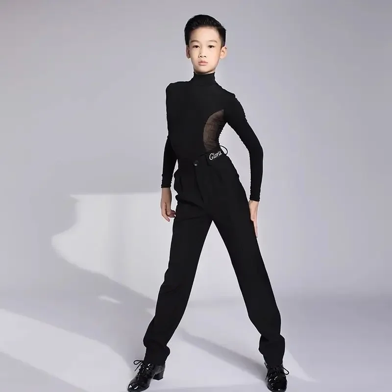 New Kids Boy Latin Dance Costumes Long Sleeve Stage Performance Clothes Long Black Pants Suit Cha Cha Samba Rumba Wear Shirt