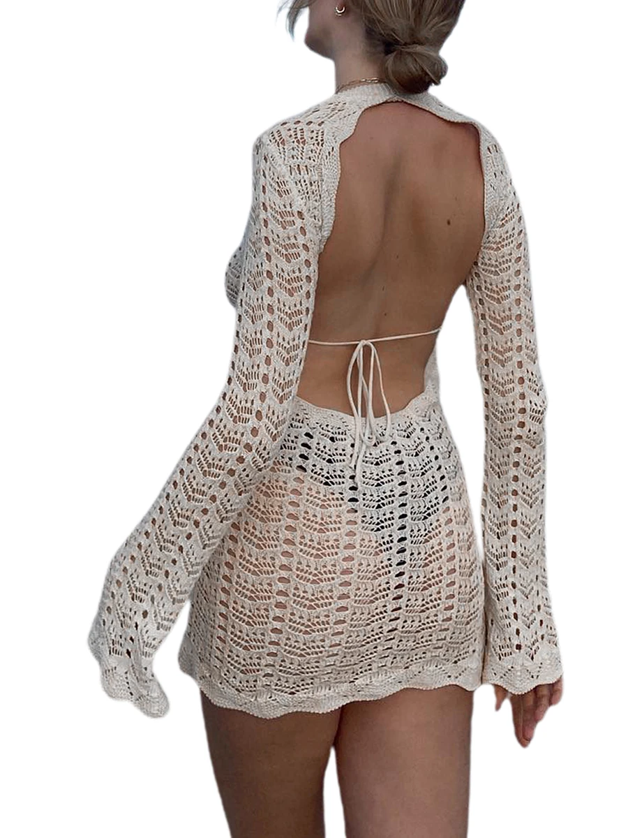 Women Crochet Knit Hollow Out Mini Dress Sexy Long Sleeve Crewneck Cut Out Mini Dress Summer Bathing Suit Beach Coverups